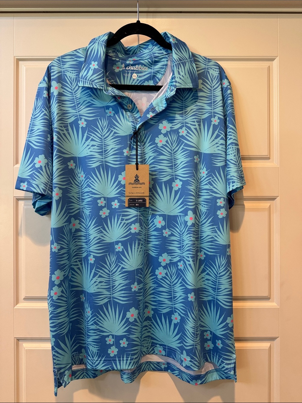 NWT: chubbies Sky Blue Palm & Mint Floral Polo- SZ: XL